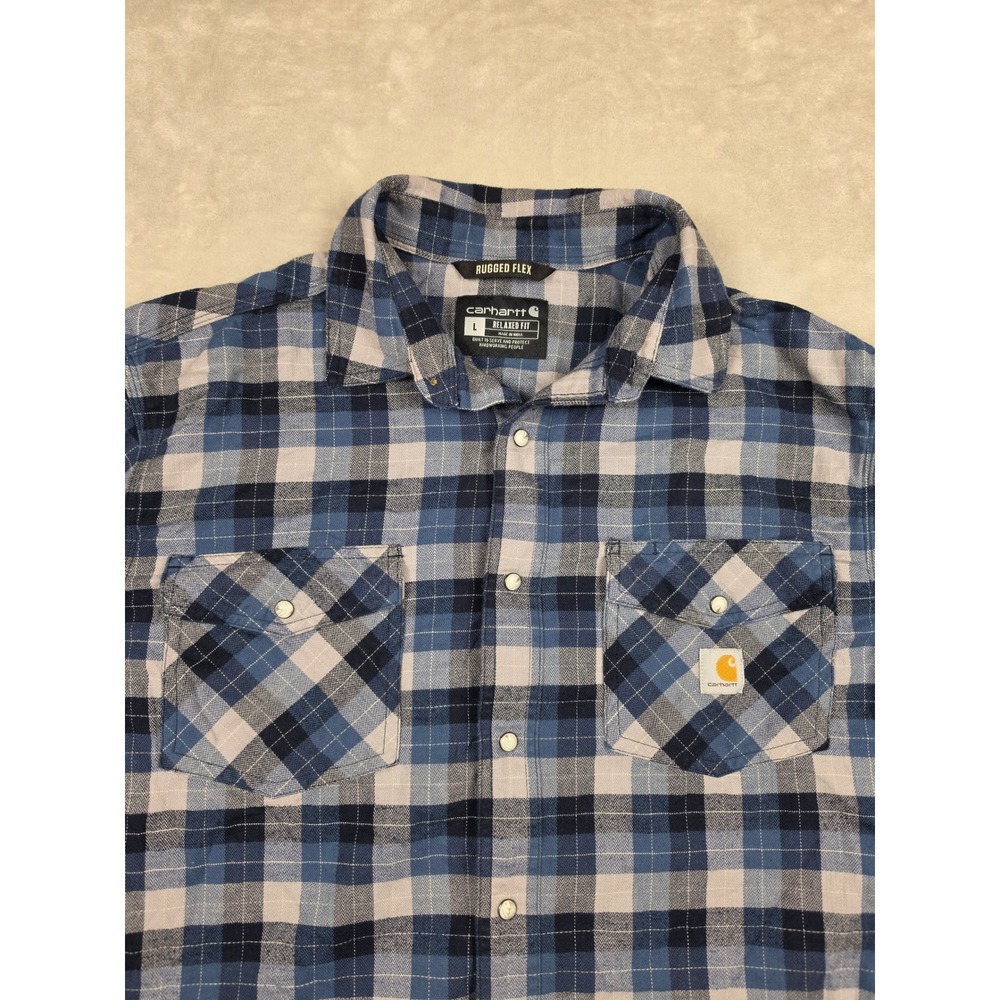 Carhartt Flannel Shirt Mens Large Blue Plaid Rugged Flex Relaxed Workwear 104914
